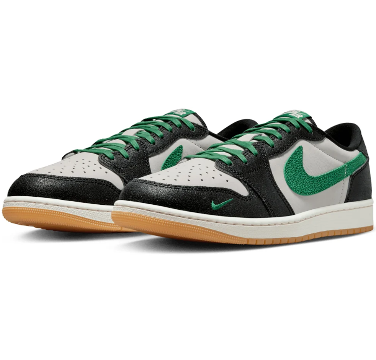 Air Jordan Low-Top Sneakers - Black, White & Green with Gum Sole
