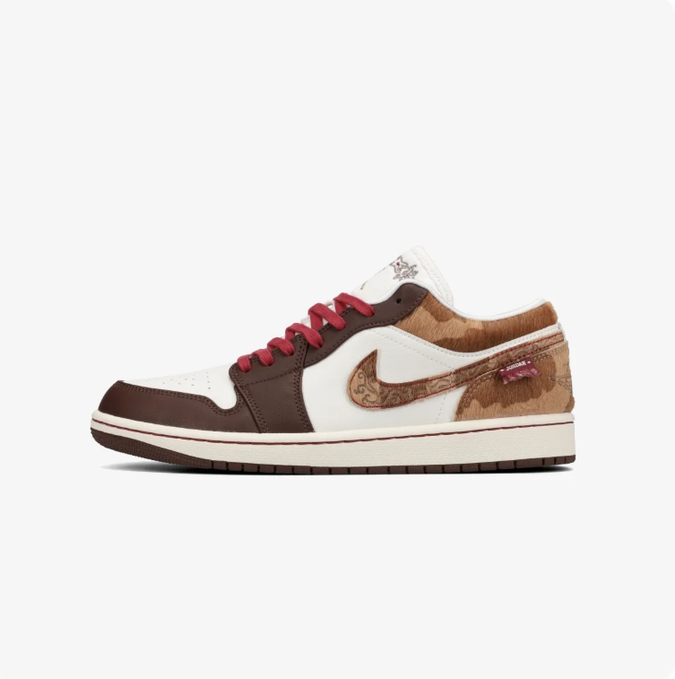 Air Jordan 1 Low Sneakers - Brown & Cream with Patterned Accents