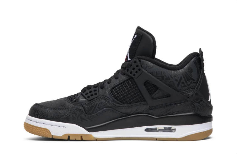 Air Jordan 4 Sneakers - Black with Gum Sole & Tonal Pattern