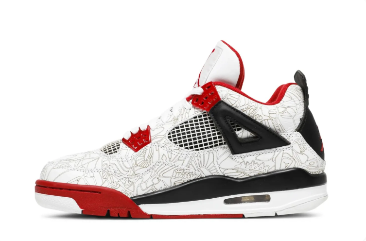 Air Jordan 4 Sneakers - White, Red & Black with Line-Art Print