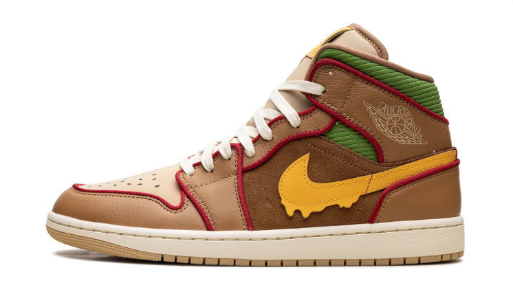 Air Jordan 1 Mid Sneakers - Brown & Tan with Yellow Drip Swoosh