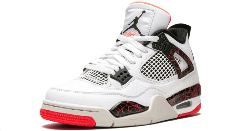 Air Jordan 4 Sneakers - White & Black with Red Crackle Details