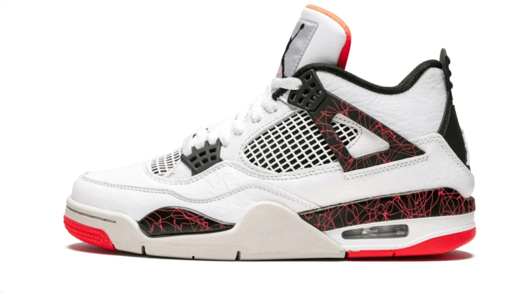 Air Jordan 4 Sneakers - White & Black with Red Crackle Details