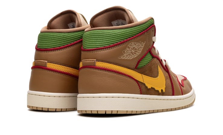 Air Jordan 1 Mid Sneakers - Brown & Tan with Yellow Drip Swoosh