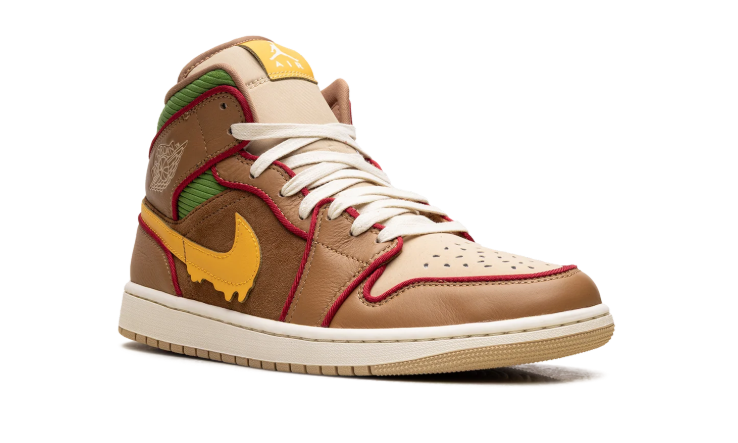 Air Jordan 1 Mid Sneakers - Brown & Tan with Yellow Drip Swoosh