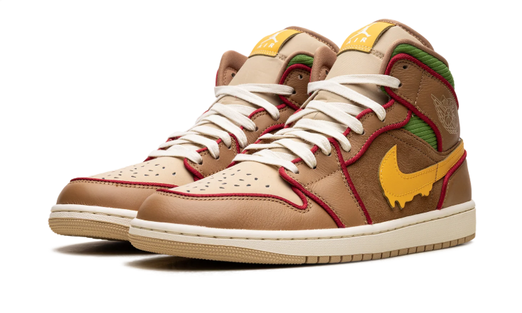 Air Jordan 1 Mid Sneakers - Brown & Tan with Yellow Drip Swoosh