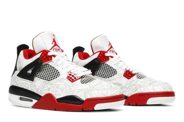 Air Jordan 4 Sneakers - White, Red & Black with Line-Art Print