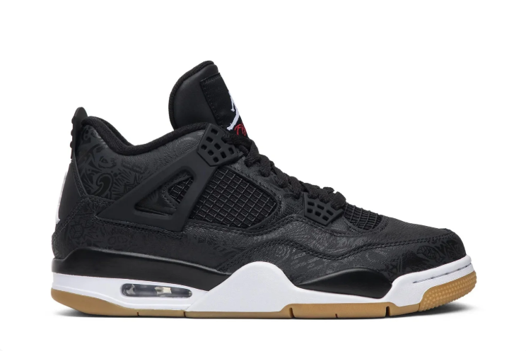 Air Jordan 4 Sneakers - Black with Gum Sole & Tonal Pattern