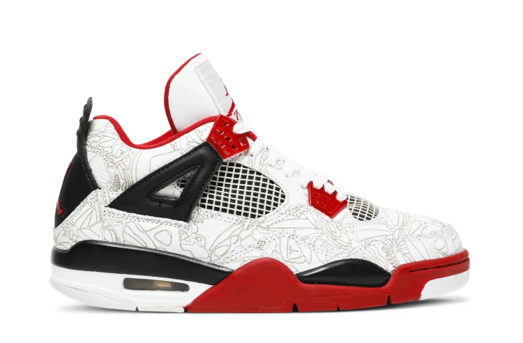 Air Jordan 4 Sneakers - White, Red & Black with Line-Art Print