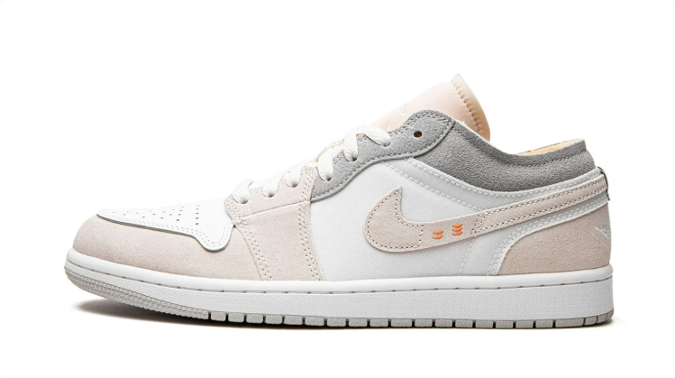 Air Jordan 1 Low Sneakers - White, Cream & Gray with Orange Accents