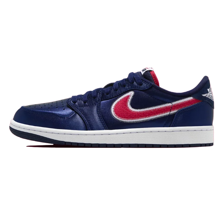 Air Jordan 1 Low Sneakers - Navy & Red with White Stitching