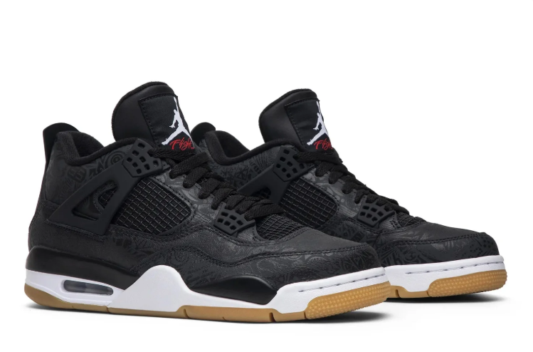 Air Jordan 4 Sneakers - Black with Gum Sole & Tonal Pattern