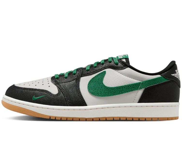 Air Jordan Low-Top Sneakers - Black, White & Green with Gum Sole