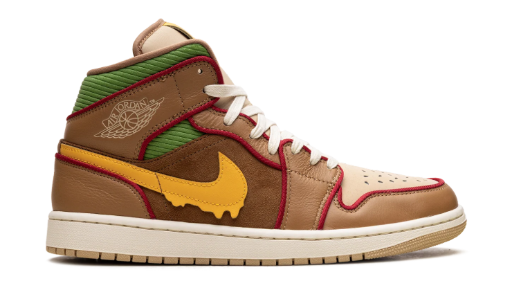 Air Jordan 1 Mid Sneakers - Brown & Tan with Yellow Drip Swoosh