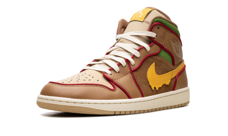 Air Jordan 1 Mid Sneakers - Brown & Tan with Yellow Drip Swoosh