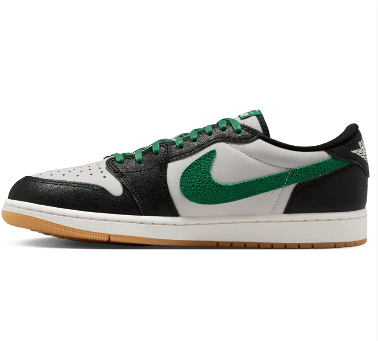 Air Jordan Low-Top Sneakers - Black, White & Green with Gum Sole