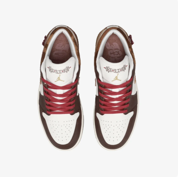 Air Jordan 1 Low Sneakers - Brown & Cream with Patterned Accents
