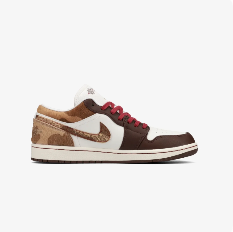 Air Jordan 1 Low Sneakers - Brown & Cream with Patterned Accents
