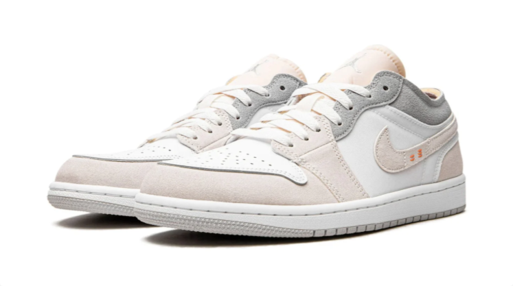 Air Jordan 1 Low Sneakers - White, Cream & Gray with Orange Accents