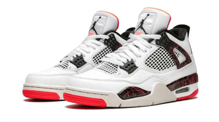 Air Jordan 4 Sneakers - White & Black with Red Crackle Details
